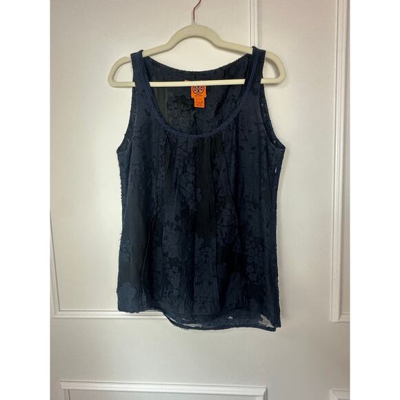 Tory Burch Tops - Tory Burch Navy Blue Silk Floral Textured Top Size 12